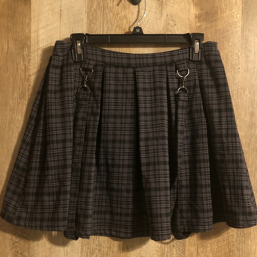 Hot Topic Black and Gray Plaid Skater Mini Skirt with Suspenders loops